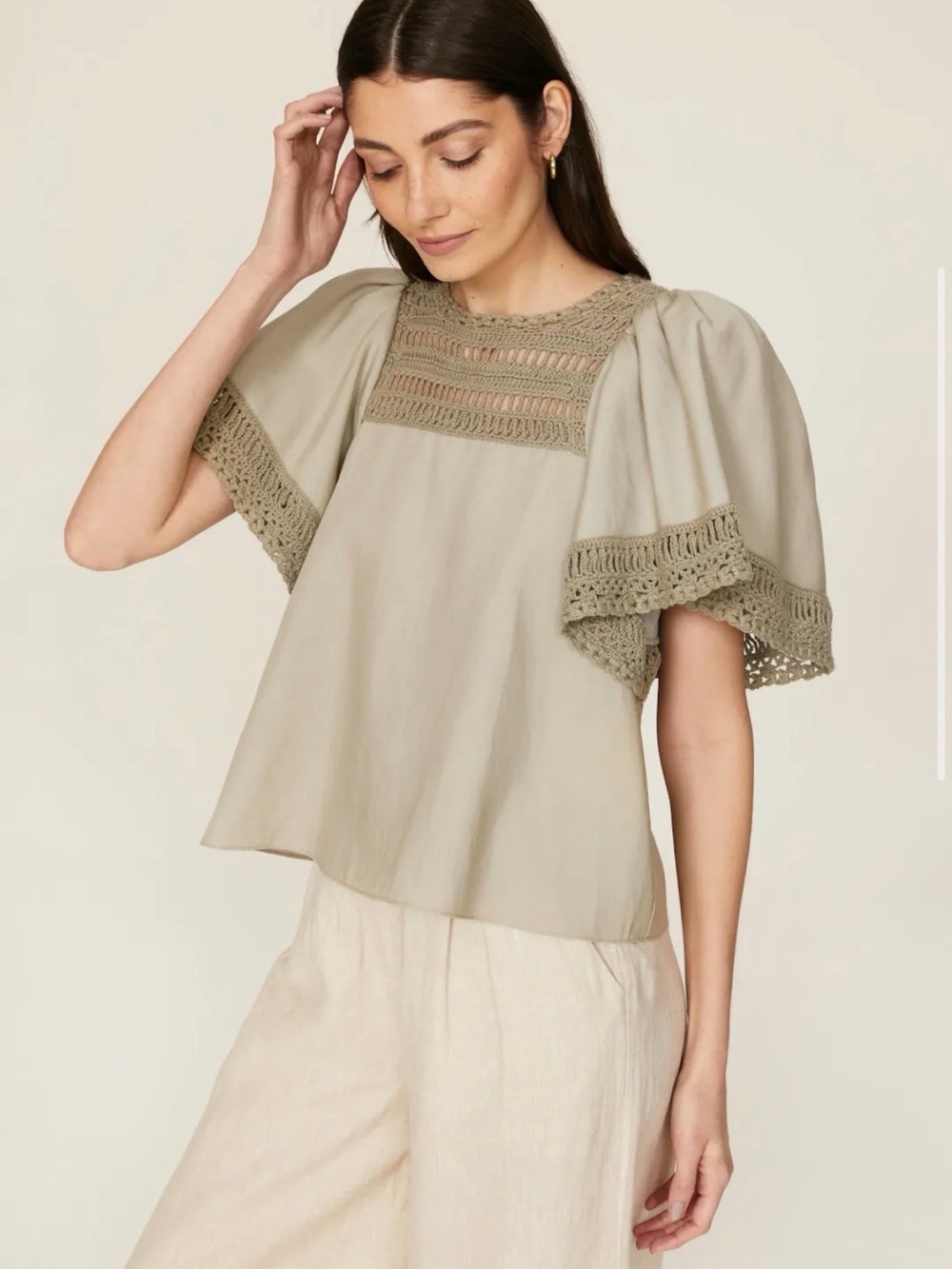 Jonathan Simkhai Sage Crochet-Trim Flutter Sleeve Blouse